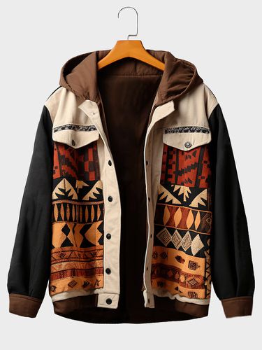 Mens Vintage Ethnic Geometric Print Patchwork Loose Hooded Jacket Winter - ChArmkpR - Modalova