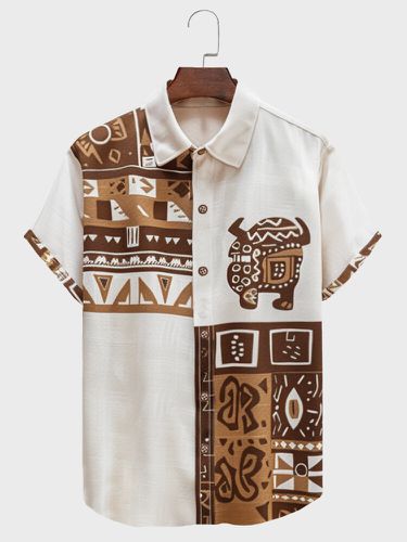 Mens Ethnic Geometric Totem Print Patchwork Short Sleeve Shirts - ChArmkpR - Modalova