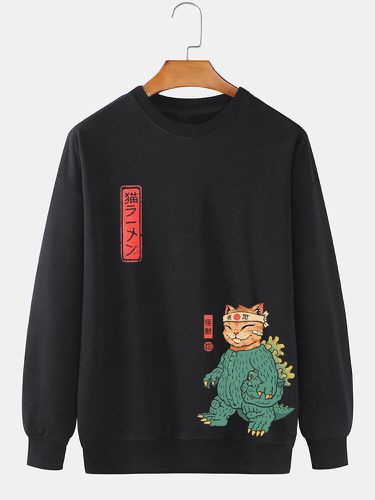 Mens Japanese Cartoon Cat Print Crew Neck Pullover Sweatshirts Winter - ChArmkpR - Modalova