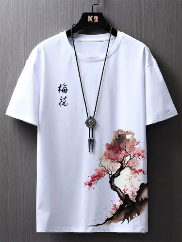 Camisetas de manga corta para hombre con estampado de ciruela y tinta china Bossom Cuello - ChArmkpR - Modalova