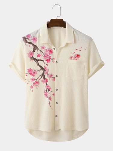 Camisas de manga corta con dobladillo alto y bajo con estampado de flores de cerezo para hombre - ChArmkpR - Modalova