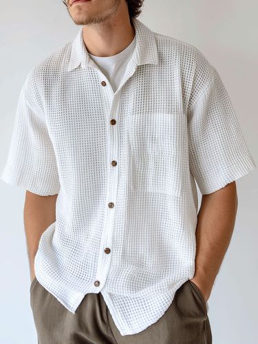 Mens Solid Chest Pocket Lapel Collar Casual Short Sleeve Shirts - ChArmkpR - Modalova