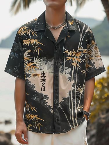 Mens Bamboo Print Revere Collar Casual Short Sleeve Shirts - ChArmkpR - Modalova