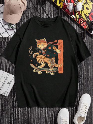Mens Japanese Skateboard Cat Print Crew Neck Short Sleeve T-Shirts Winter - ChArmkpR - Modalova
