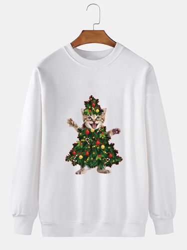 Mens Christmas Tree Cat Print Crew Neck Pullover Sweatshirts Winter - ChArmkpR - Modalova