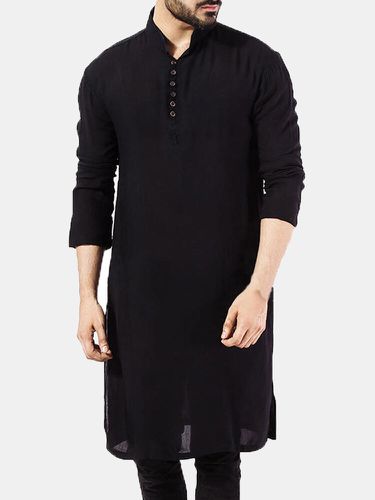 Mens Pathani Kurta Pajama Indian Long T-shirts Cotton Ethnic Suit Solid Autumn Long Sleeve Top - INCERUN - Modalova