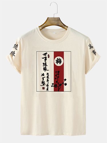 Mens Chinese Character Plum Bossom Print Crew Neck Short Sleeve T-Shirts - Newchic - Modalova