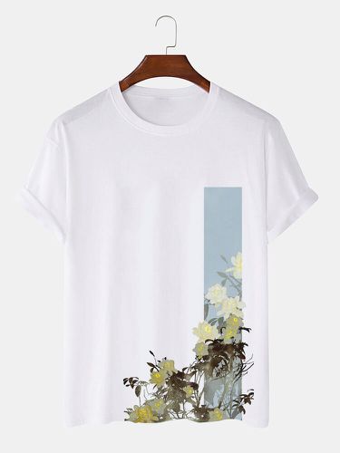 Mens Floral Plant Print Color Block Crew Neck Short Sleeve T-Shirts - ChArmkpR - Modalova