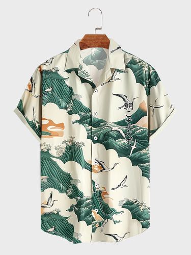 Mens Crane Waves Pattern PrintCasual Short Sleeve Shirts - ChArmkpR - Modalova