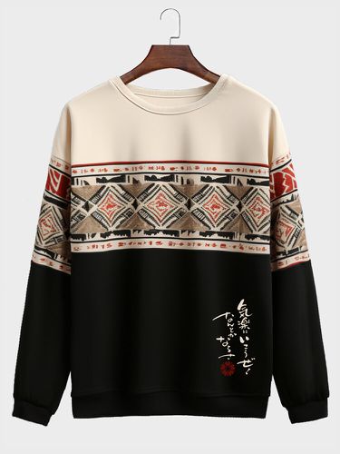 Mens Vintage Geometric Japanese Print Crew Neck Pullover Sweatshirts Winter - ChArmkpR - Modalova