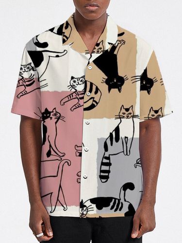 Camisas de manga corta con cuello con solapas y bloques de color con estampado de dibujos animados para hombre Gato - ChArmkpR - Modalova