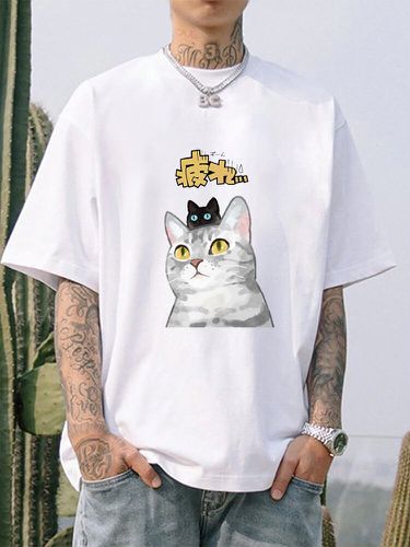 Camisetas de manga corta con estampado de dibujos animados lindos para hombre Gato Crew Cuello Invierno - ChArmkpR - Modalova