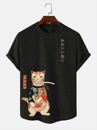 Camisetas de manga corta japonesas Gato con estampado Crew Cuello para hombre - ChArmkpR - Modalova