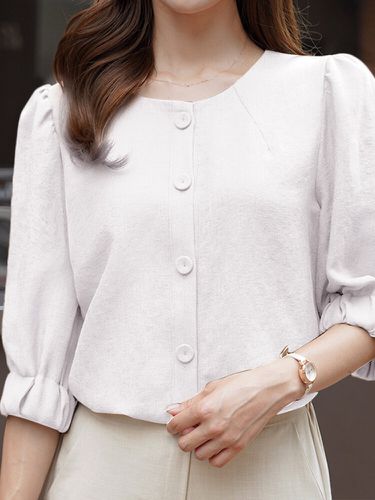 Blusa de media manga con botones delanteros lisos Cuello Mujer - Celmia - Modalova