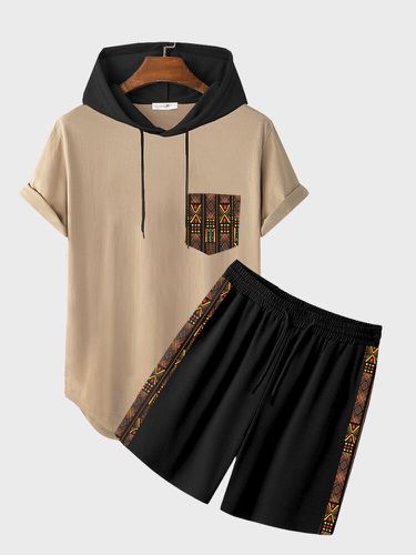 Mens Ethnic Pattern Patchwork Hooded Short Sleeve Two Pieces Outfits - ChArmkpR - Modalova