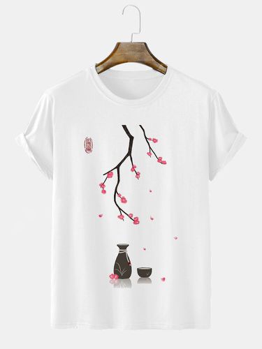 Mens Japanese Cherry Blossoms Print Crew Neck Short Sleeve T-Shirts Winter - ChArmkpR - Modalova