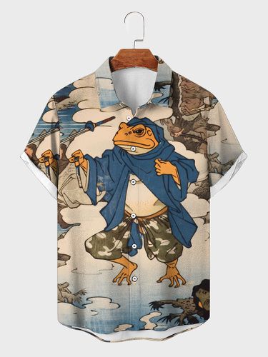 Mens Allover Japanese Frog Figure Print Lapel Short Sleeve Shirts Winter - ChArmkpR - Modalova