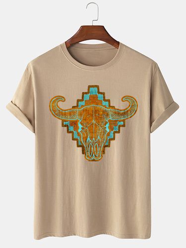 Mens Ethnic Geometric Cow Head Graphic Crew Neck Short Sleeve T-Shirts Winter - ChArmkpR - Modalova