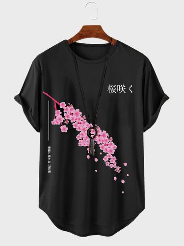 Mens Japanese Cherry Blossoms Print Curved Hem Short Sleeve T-Shirts Winter - ChArmkpR - Modalova