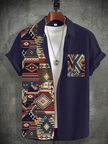 Mens Ethnic Colorful Geometric Print Patchwork Lapel Short Sleeve Shirts - ChArmkpR - Modalova