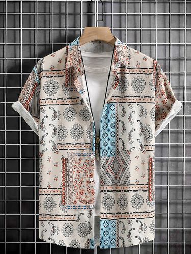 Mens Geometric Ethnic Pattern Lapel Collar Casual Short Sleeve Shirts - ChArmkpR - Modalova