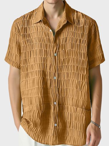 Camisas casuales de manga corta con cuello de solapa con textura sólida para hombre - ChArmkpR - Modalova