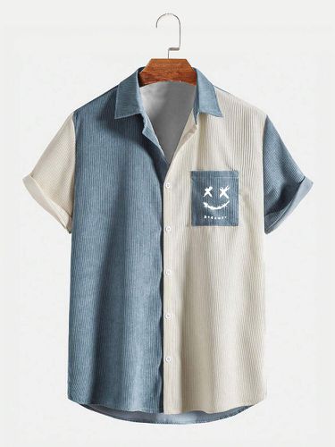 Mens Smile Print Patchwork Chest Pocket Short Sleeve Shirts - ChArmkpR - Modalova