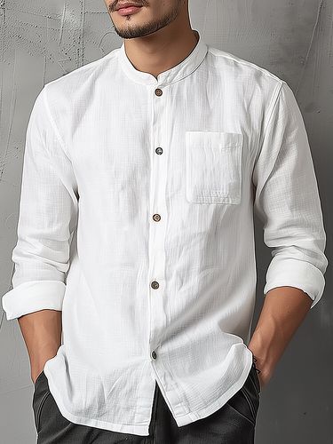 Mens Solid Stand Collar Chest Pocket Casual Long Sleeve Shirts - ChArmkpR - Modalova