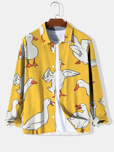 Mens Allover Cartoon Duck Print Lapel Long Sleeve Shirts Winter - ChArmkpR - Modalova
