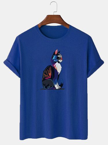Mens Cartoon Colorful Cat Graphic Crew Neck Short Sleeve T-Shirts Winter - ChArmkpR - Modalova