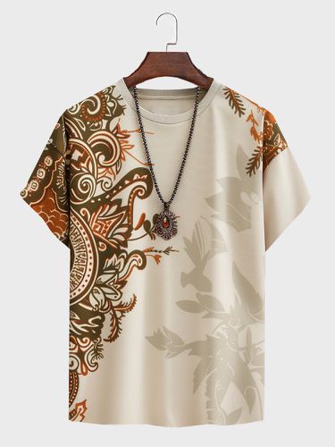Mens Chinese Vintage Floral Print Crew Neck Short Sleeve T-Shirts - ChArmkpR - Modalova