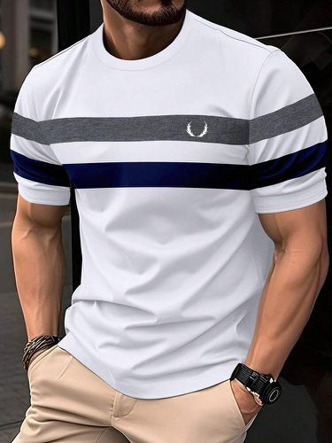 Camisetas informales de manga corta con cuello redondo y patchwork a rayas para hombre Cuello - ChArmkpR - Modalova