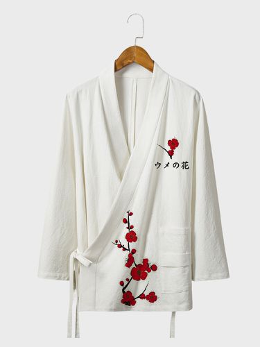 Mens Plum Bossom Print Diagonal Placket 3/4 Length Sleeve Kimonos - ChArmkpR - Modalova