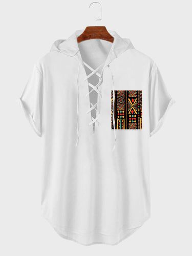 Camisetas con capucha y dobladillo curvado con cordones y estampado geométrico étnico para hombre - ChArmkpR - Modalova