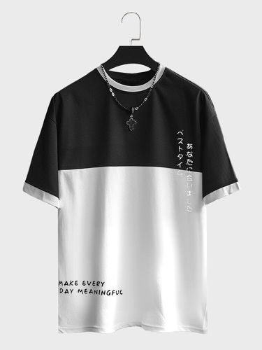 Camisetas de manga corta con equipo de patchwork y estampado de eslogan japonés para hombre Cuello - ChArmkpR - Modalova