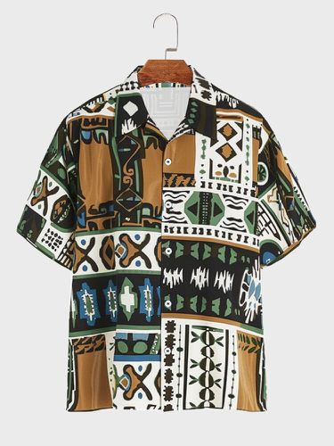 Mens Geometric Ethnic Pattern Lapel Collar Short Sleeve Shirts - ChArmkpR - Modalova