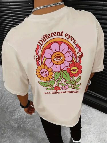 Camisetas informales de manga corta con estampado floral y eslogan en la espalda para hombre - ChArmkpR - Modalova