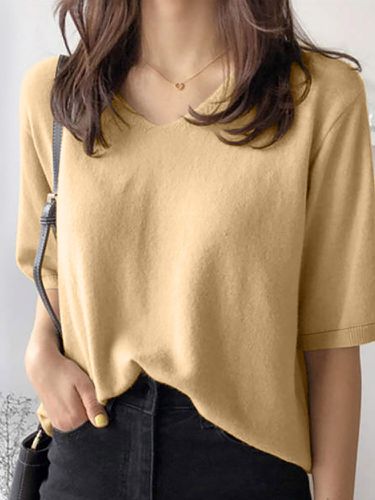 Camiseta informal de punto liso con cuello en V y media manga - ZANZEA - Modalova