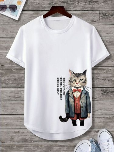 Mens Cartoon Cat Figure Japanese Print Curved Hem Short Sleeve T-Shirts Winter - ChArmkpR - Modalova
