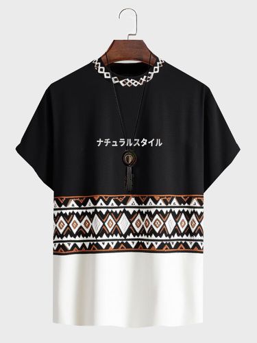 Mens Ethnic Geometric Japanese Print Patchwork Short Sleeve T-Shirts - ChArmkpR - Modalova