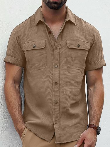 Mens Solid Chest Pocket Lapel Collar Short Sleeve Shirts - ChArmkpR - Modalova