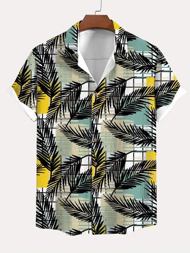 Mens Leaf Line Print Button Up Vacation Short Sleeve Shirts - ChArmkpR - Modalova