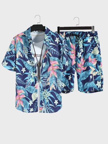 Mens Tropical Leaf Print Lapel Collar Short Sleeve Two Pieces Outfits - ChArmkpR - Modalova