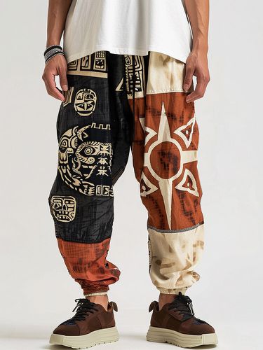Mens Ethnic Pattern Patchwork Drawstring Waist Casual Pants - ChArmkpR - Modalova