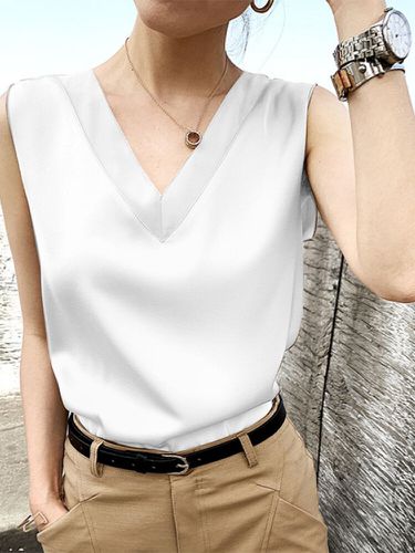 Camiseta sin mangas con cuello en V de satén para Mujer - ZANZEA - Modalova