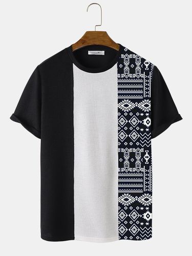 Mens Monochrome Ethnic Geometric Print Patchwork Crew Neck Short Sleeve T-Shirts - ChArmkpR - Modalova