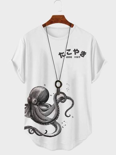 Camisetas de manga corta con dobladillo curvado y estampado de pulpo japonés para hombre - ChArmkpR - Modalova