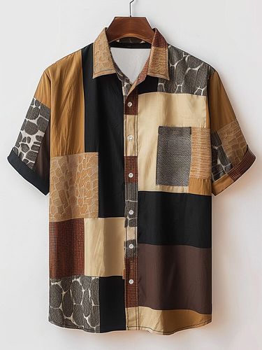 Mens Textured Color Block Patchwork Lapel Collar Short Sleeve Shirts - ChArmkpR - Modalova