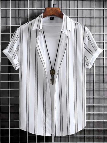 Mens Striped Lapel Collar Casual Short Sleeve Shirts - ChArmkpR - Modalova