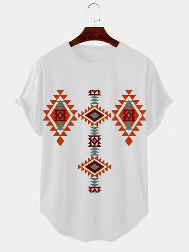 Mens Ethnic Geometric Argyle Print Curved Hem Short Sleeve T-Shirts Winter - ChArmkpR - Modalova